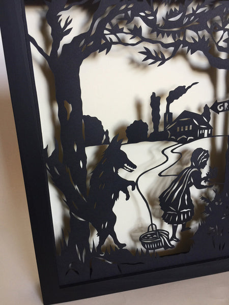 Little RED RIDING HOOD Papercut in Shadow Box - Hand-Cut Silhouette, Framed