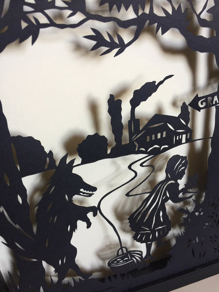 Little RED RIDING HOOD Papercut in Shadow Box - Hand-Cut Silhouette, Framed
