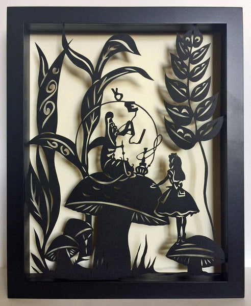 ALICE'S ADVENTURES in WONDERLAND - Advice from a Caterpillar, Hand-Cut Papercut in Shadow Box, Framed