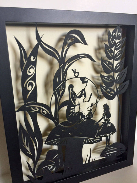 ALICE'S ADVENTURES in WONDERLAND - Advice from a Caterpillar, Hand-Cut Papercut in Shadow Box, Framed