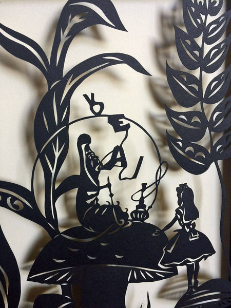 ALICE'S ADVENTURES in WONDERLAND - Advice from a Caterpillar, Hand-Cut Papercut in Shadow Box, Framed
