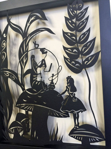 ALICE'S ADVENTURES in WONDERLAND - Advice from a Caterpillar, Hand-Cut Papercut in Shadow Box, Framed