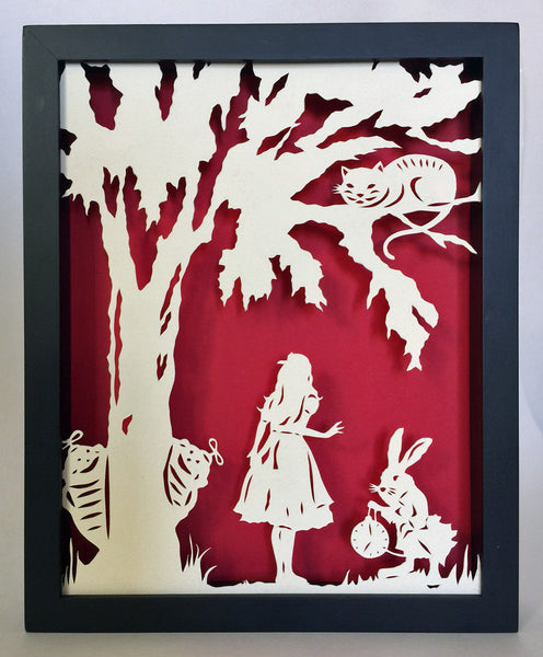 ALICE in WONDERLAND Papercut in Shadow Box, Framed - Hand-Cut Silhouette