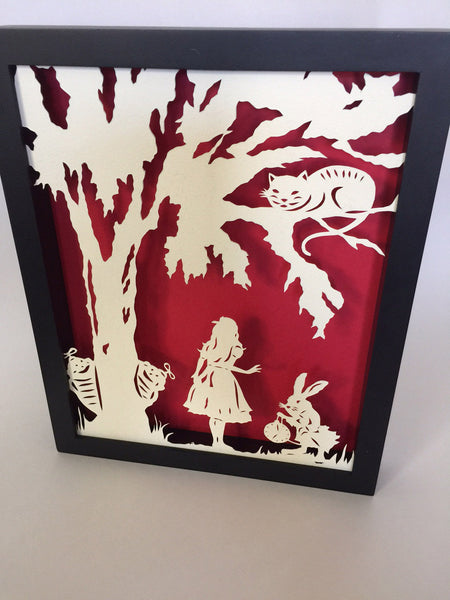 ALICE in WONDERLAND Papercut in Shadow Box, Framed - Hand-Cut Silhouette