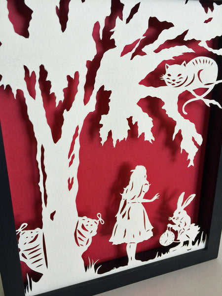 ALICE in WONDERLAND Papercut in Shadow Box, Framed - Hand-Cut Silhouette