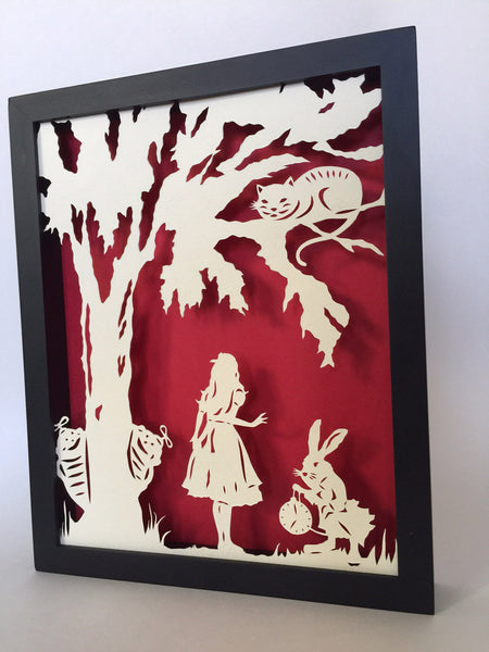 ALICE in WONDERLAND Papercut in Shadow Box, Framed - Hand-Cut Silhouette