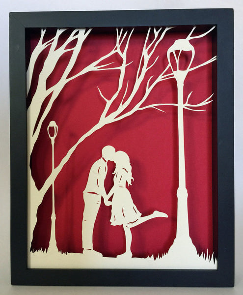 AUTUMN KISS Papercut in Shadow Box - Hand-Cut Silhouette, Framed