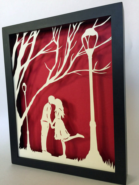 AUTUMN KISS Papercut in Shadow Box - Hand-Cut Silhouette, Framed