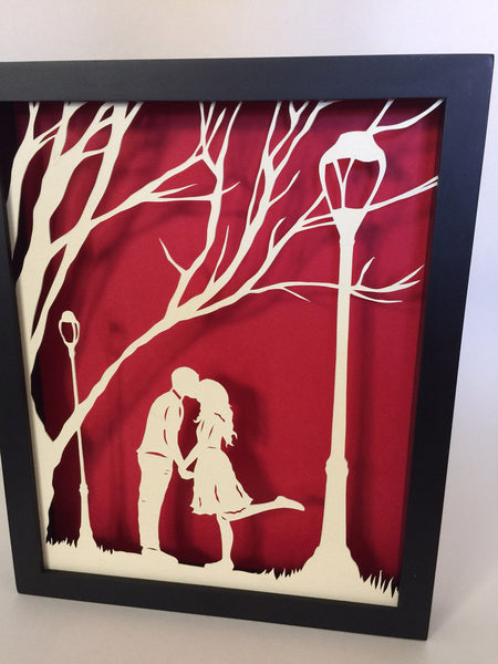 AUTUMN KISS Papercut in Shadow Box - Hand-Cut Silhouette, Framed