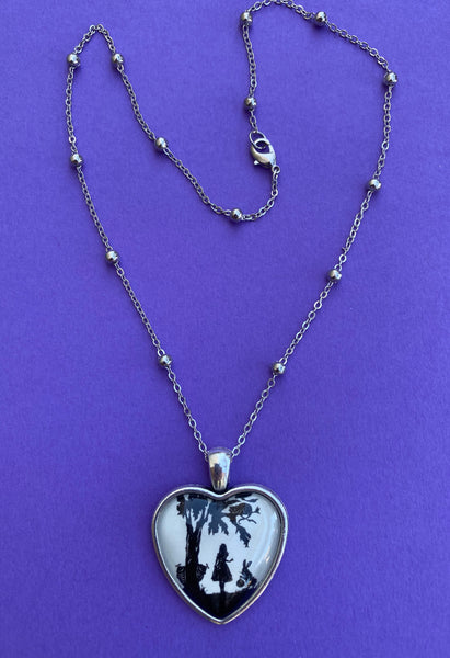ALICE IN WONDERLAND Heart Necklace - pendant on chain - Silhouette Jewelry