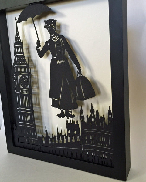 MARY POPPINS Papercut in Shadow Box - Hand-Cut Silhouette, Framed