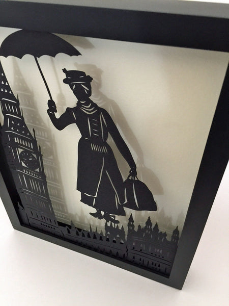MARY POPPINS Papercut in Shadow Box - Hand-Cut Silhouette, Framed