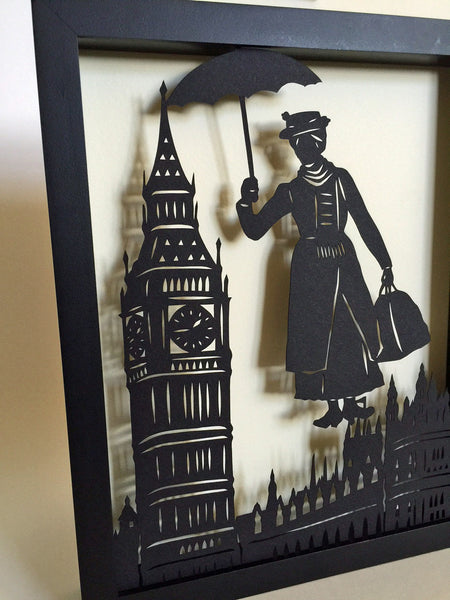 MARY POPPINS Papercut in Shadow Box - Hand-Cut Silhouette, Framed