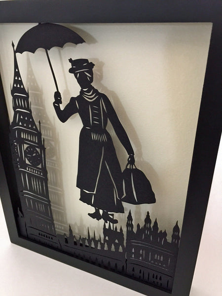 MARY POPPINS Papercut in Shadow Box - Hand-Cut Silhouette, Framed