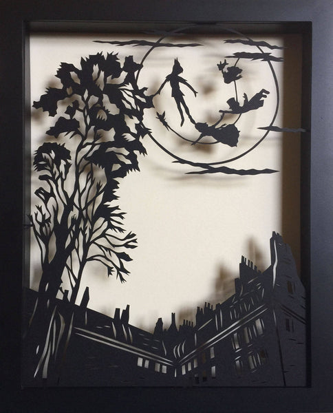 PETER PAN and the MOON Papercut in Shadow Box - Hand-Cut Silhouette, Framed