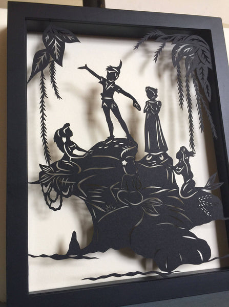 PETER PAN and the MERMAIDS Papercut in Shadow Box - Hand-Cut Silhouette, Framed