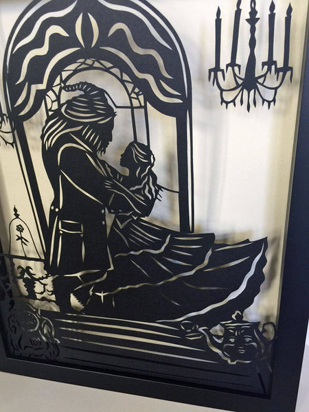 BEAUTY and the BEAST Papercut in Shadow Box, Framed - Hand-Cut Silhouette