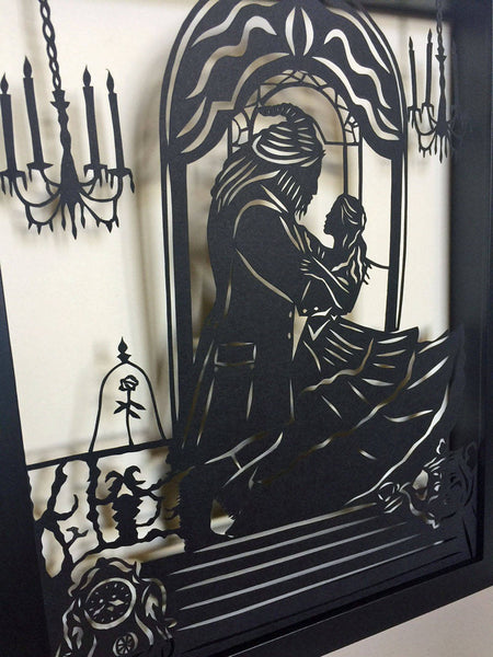 BEAUTY and the BEAST Papercut in Shadow Box, Framed - Hand-Cut Silhouette