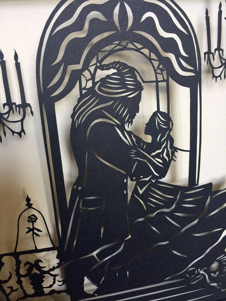 BEAUTY and the BEAST Papercut in Shadow Box, Framed - Hand-Cut Silhouette