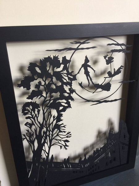 PETER PAN and the MOON Papercut in Shadow Box - Hand-Cut Silhouette, Framed