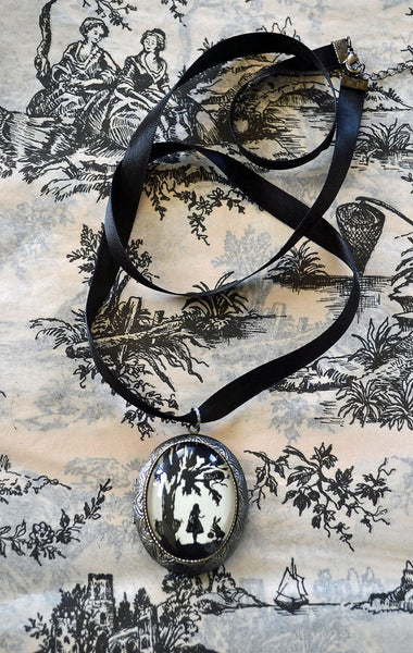 ALICE IN WONDERLAND Locket Necklace - locket pendant on ribbon - Silhouette Jewelry