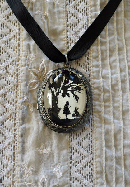 ALICE IN WONDERLAND Locket Necklace - locket pendant on ribbon - Silhouette Jewelry