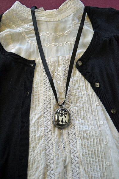 ALICE IN WONDERLAND Locket Necklace - locket pendant on ribbon - Silhouette Jewelry