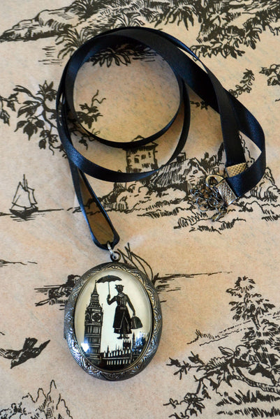 MARY POPPINS Locket Necklace - locket pendant on ribbon - Silhouette Jewelry