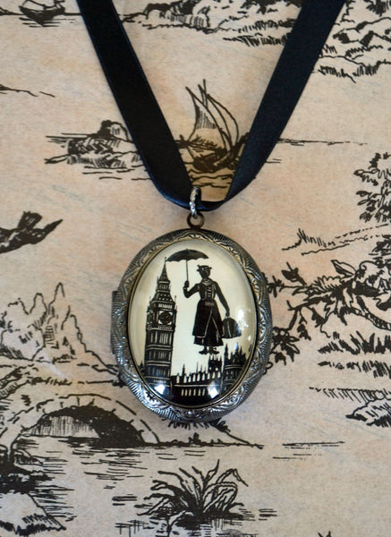 MARY POPPINS Locket Necklace - locket pendant on ribbon - Silhouette Jewelry
