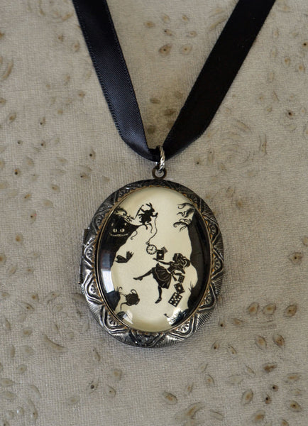 ALICE IN WONDERLAND Locket Necklace - Down the Rabbit Hole - pendant on ribbon - Silhouette Jewelry