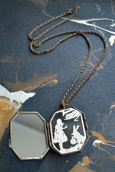 ALICE IN WONDERLAND Locket - Hand-Cut Miniature Silhouette Papercut Necklace