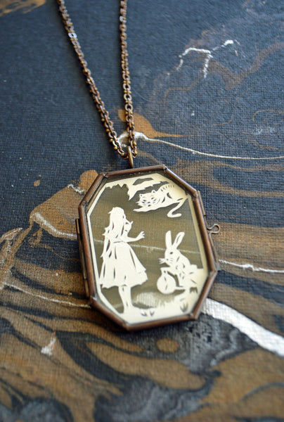 ALICE IN WONDERLAND Locket - Hand-Cut Miniature Silhouette Papercut Necklace