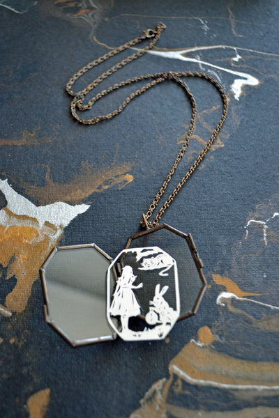 ALICE IN WONDERLAND Locket - Hand-Cut Miniature Silhouette Papercut Necklace