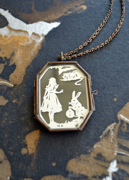 ALICE IN WONDERLAND Locket - Hand-Cut Miniature Silhouette Papercut Necklace