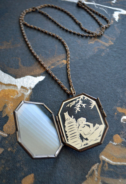 AFTERNOON READING in the PARK Locket - Hand-Cut Miniature Papercut Locket Necklace