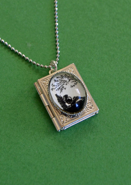 AFTERNOON READING in the PARK Book Locket Necklace, pendant on chain - Silhouette Jewelry