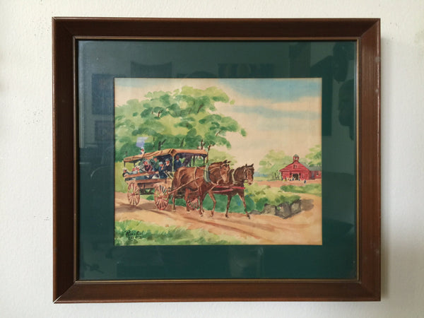 Original Watercolor Painting 50s Signed Countryside Farm Carriage Horse California Vintage