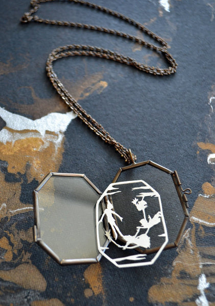 PETER PAN Locket - Hand-Cut Miniature Papercut Silhouette, Glass Locket Necklace