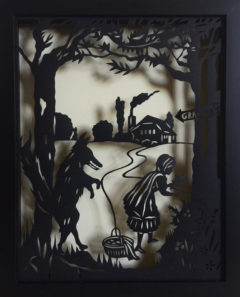 Little RED RIDING HOOD Papercut in Shadow Box - Hand-Cut Silhouette, Framed
