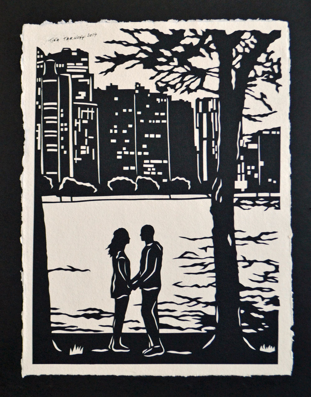 Hand-Cut Papercut Art - A MOMENT ALONG the LAKE - Couple at the Lake Silhouette