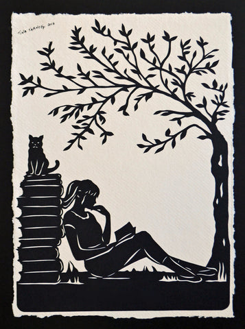 AFTERNOON READING in the PARK Papercut - Hand-Cut Silhouette