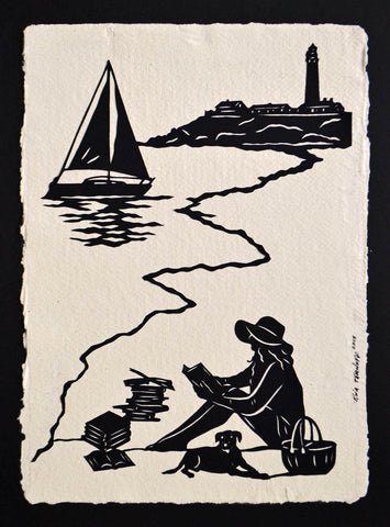 AFTERNOON READING on the BEACH - Hand-Cut Papercut Art - Girl Reading Silhouette