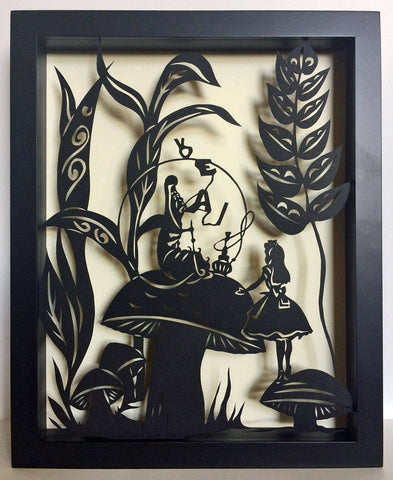 ALICE'S ADVENTURES in WONDERLAND - Advice from a Caterpillar, Hand-Cut Papercut in Shadow Box, Framed