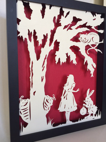 ALICE in WONDERLAND Papercut in Shadow Box, Framed - Hand-Cut Silhouette