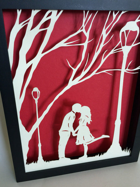 AUTUMN KISS Papercut in Shadow Box - Hand-Cut Silhouette, Framed