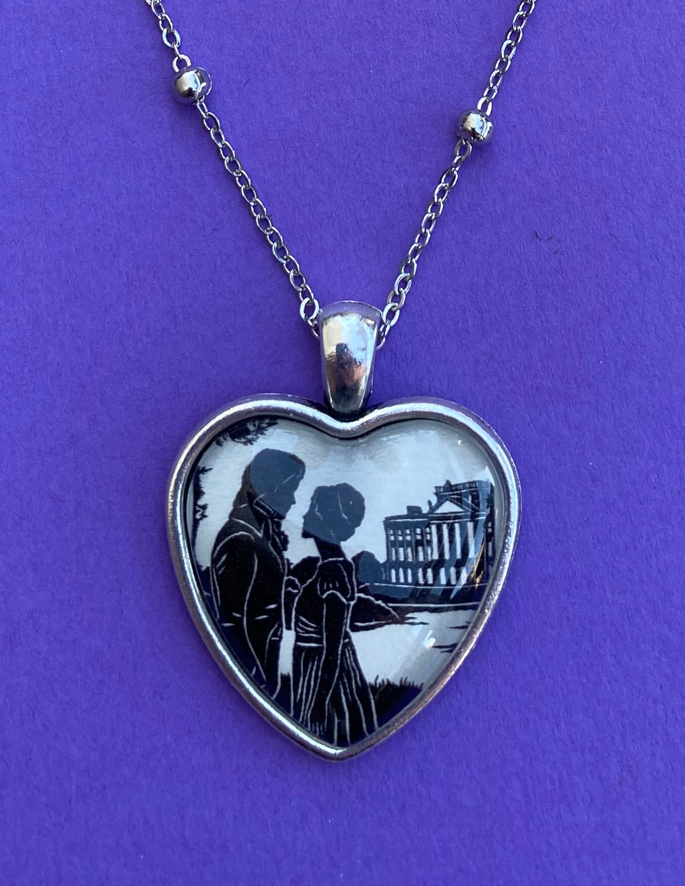 PRIDE AND PREJUDICE Heart Necklace, pendant on chain - Elizabeth and Darcy - Silhouette Jewelry