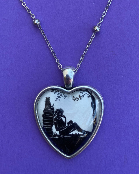 AFTERNOON READING in the PARK Heart Necklace, pendant on chain - Silhouette Jewelry