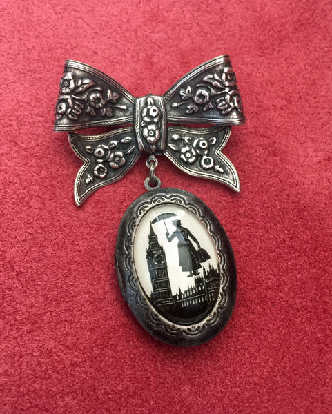 MARY POPPINS Brooch - locket pendant on bow pin - Silhouette Jewelry