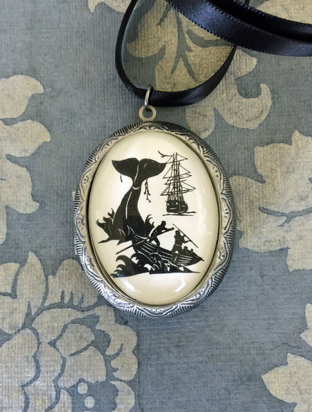 Moby Dick Locket Necklace - locket pendant on ribbon - Silhouette Jewelry