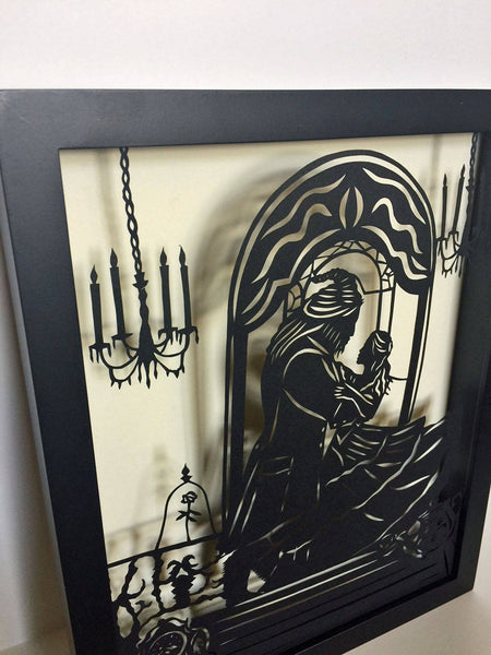BEAUTY and the BEAST Papercut in Shadow Box, Framed - Hand-Cut Silhouette